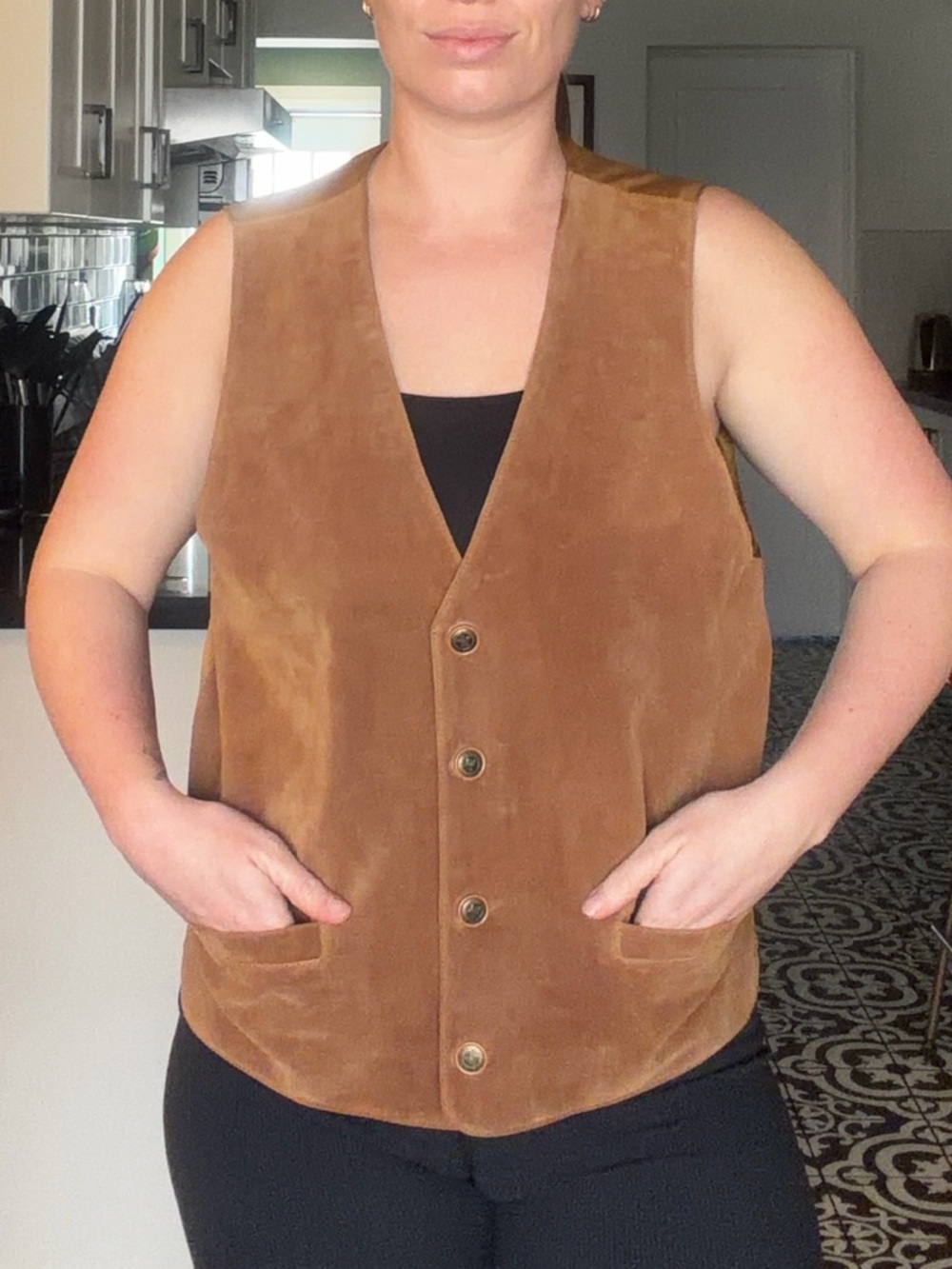 Vintage Men's Suede leather Button Vest - Brown Tan - Picture 13 of 14
